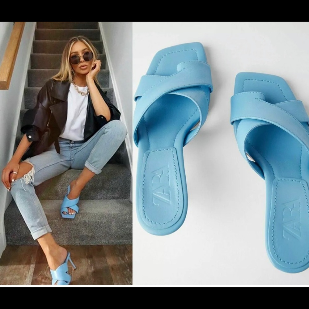 ZARA Blue Leather Padded Heeled Sandal Square Toe 1311/510/009